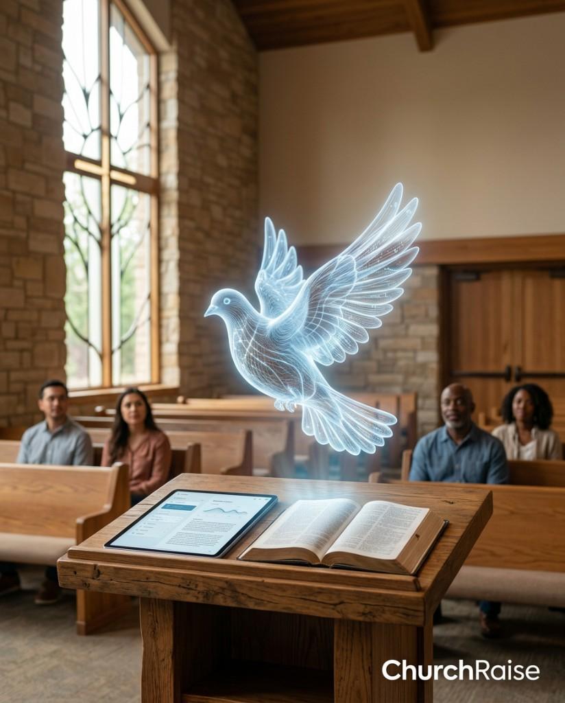 AI-powered dove hologram above a church pulpit with a Bible and tablet, representing artificial intelligence transforming church ministry