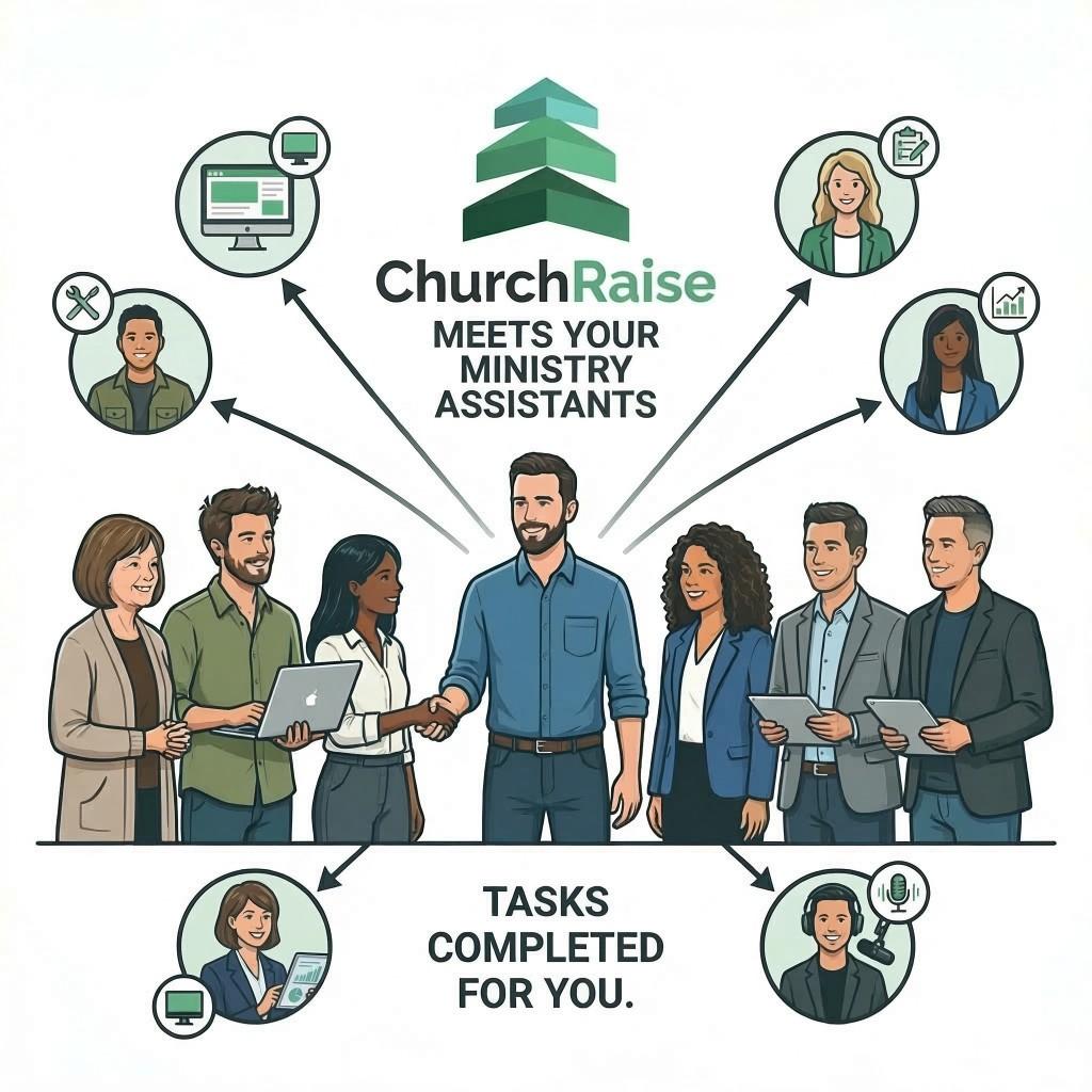 Church ministry AI assistants automating tasks for church staff including communication, analytics, and content creation