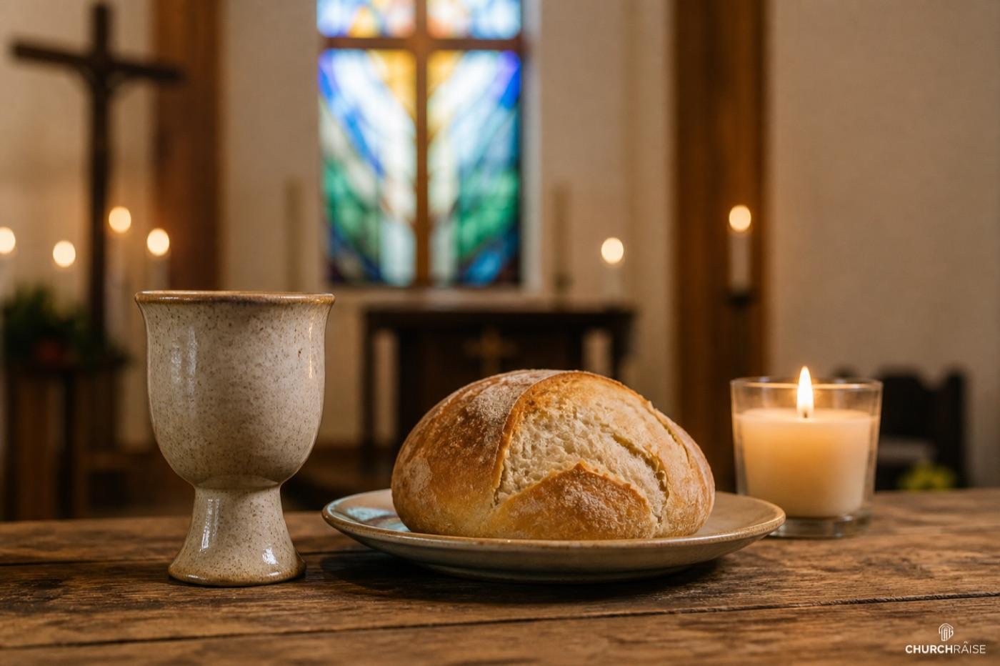 Bread and cup prepared for communion on a wooden table in a church sanctuary