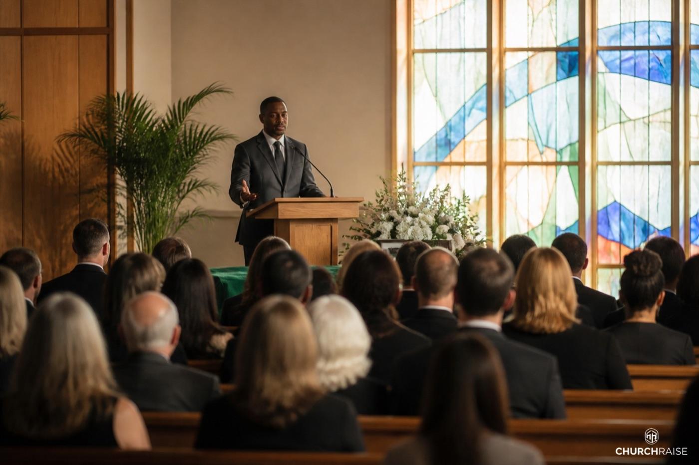Pastor welcoming a congregation at the beginning of a funeral or memorial service