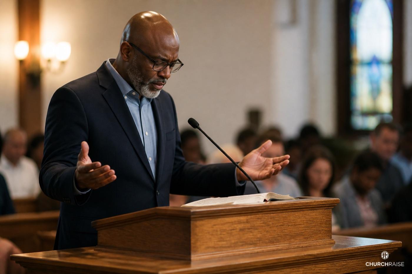 Pastor leading pastoral prayer from the pulpit during a Sunday service