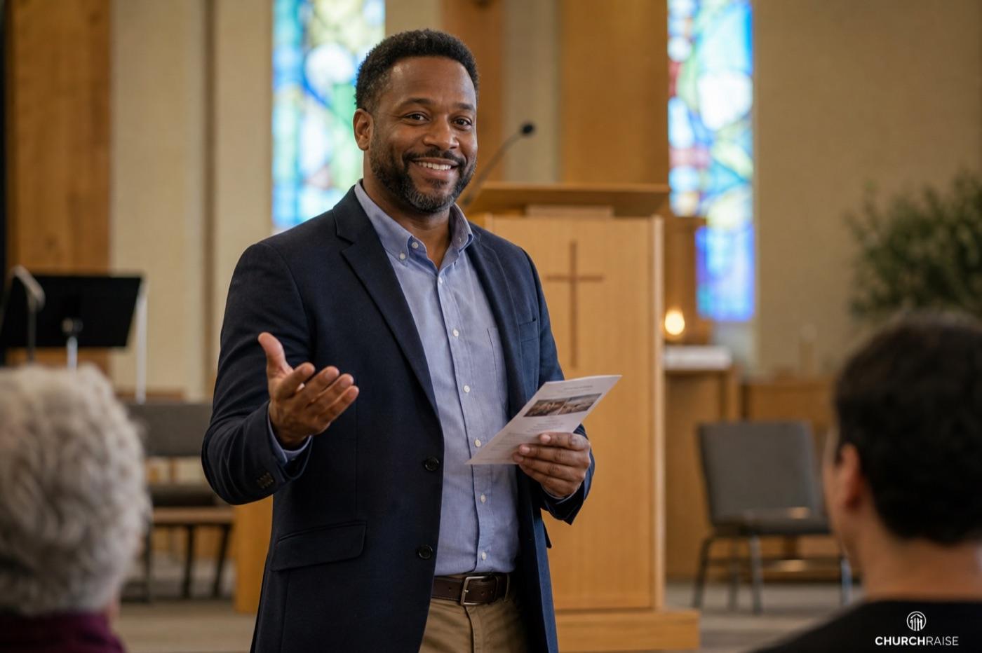 Church leader sharing Sunday announcements with a bulletin in hand