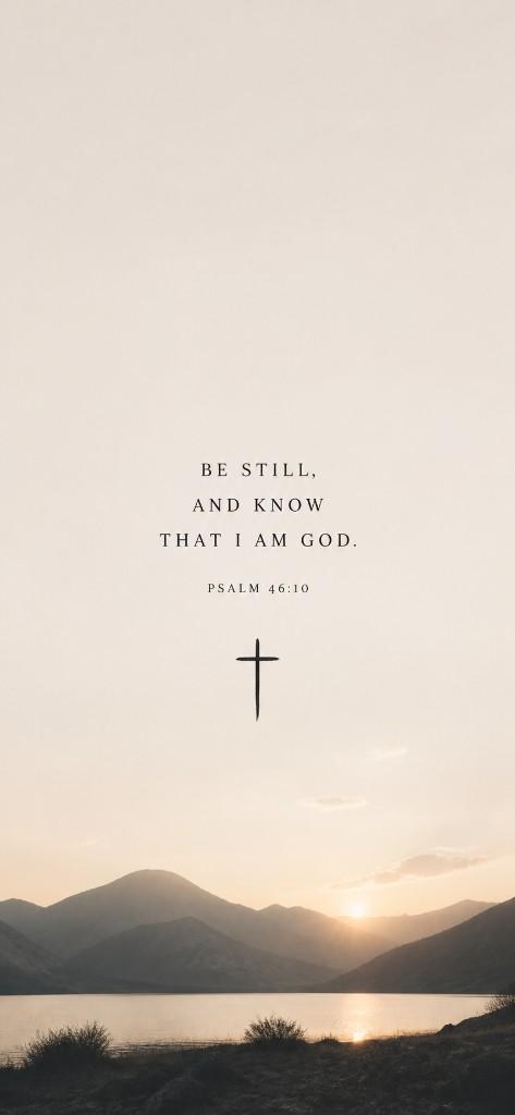 Minimalist Christian wallpaper with serene lake, soft sunrise, and centered cross