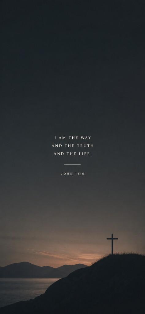 Minimalist John 14:6 — I am the way, the truth, and the life, cross on hill at twilight