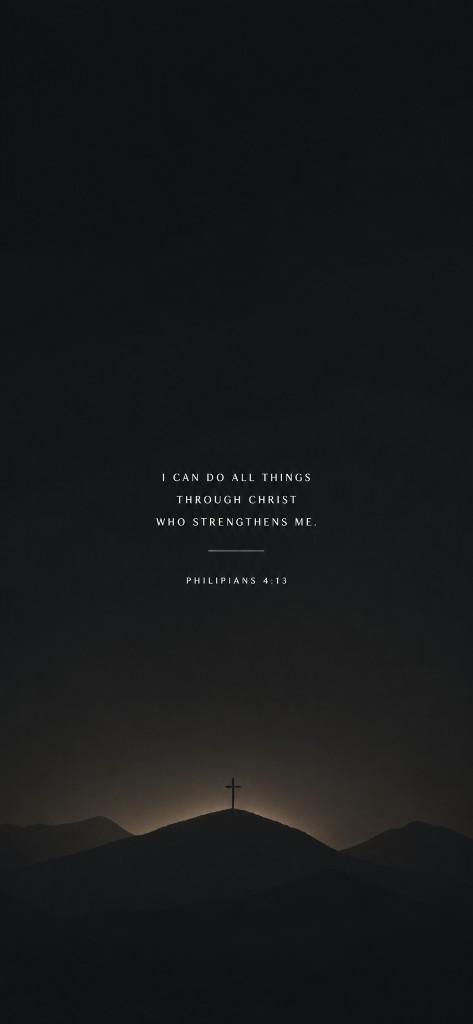 Minimalist Philippians 4:13 on dark mountain silhouette at dusk