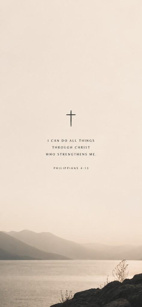 Minimalist Philippians 4:13 wallpaper, cream sky and sunrise over water