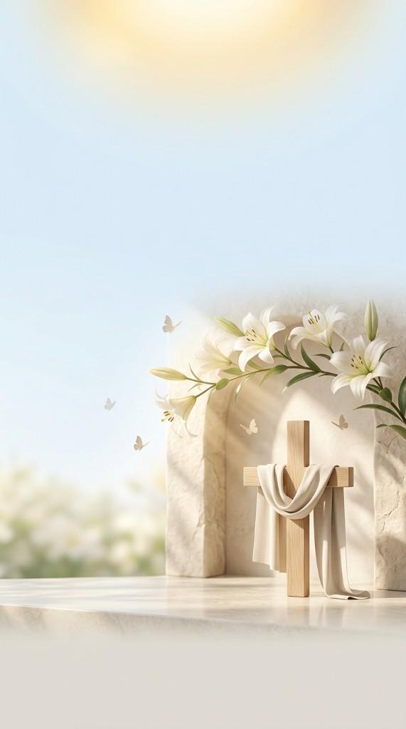 Easter Christian phone wallpaper — cross with white cloth, lilies, and butterflies in a stone alcove