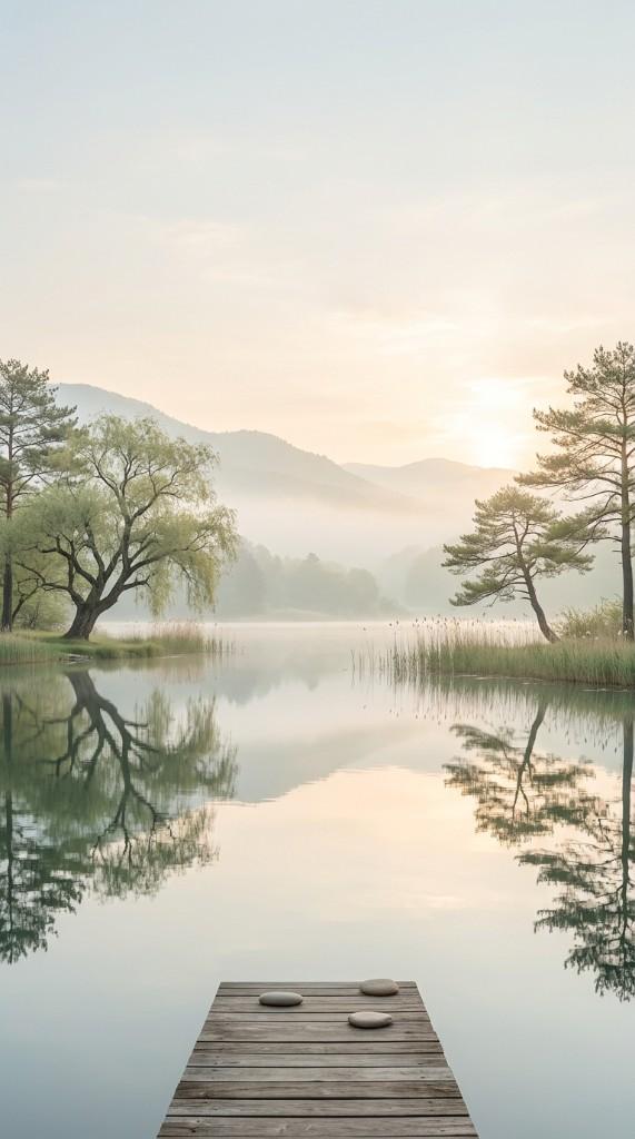 Peaceful lake at dawn with mountains, Christian phone wallpaper