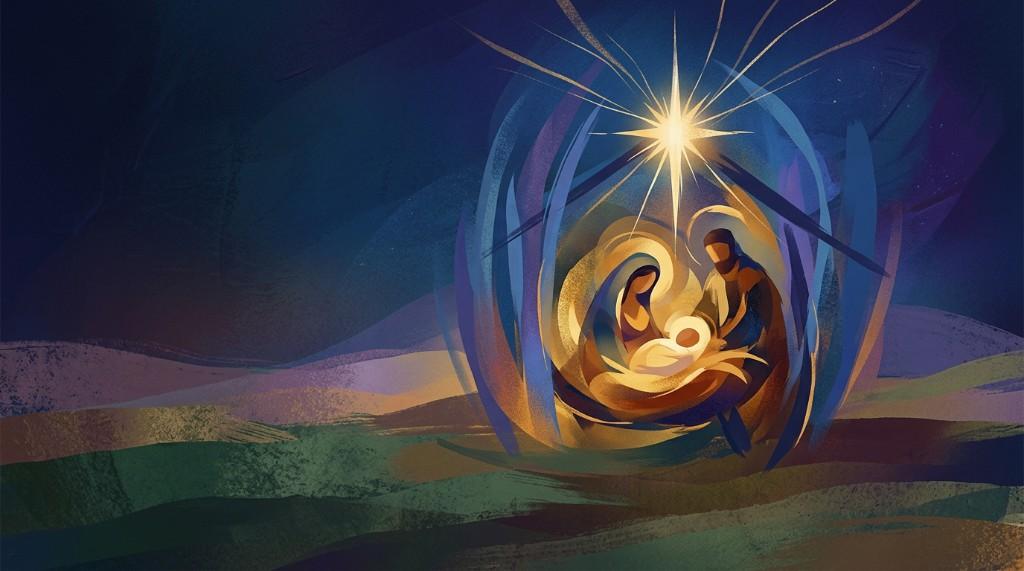 Abstract modern art nativity scene with swirling brushstrokes and radiant star — Christmas worship slide