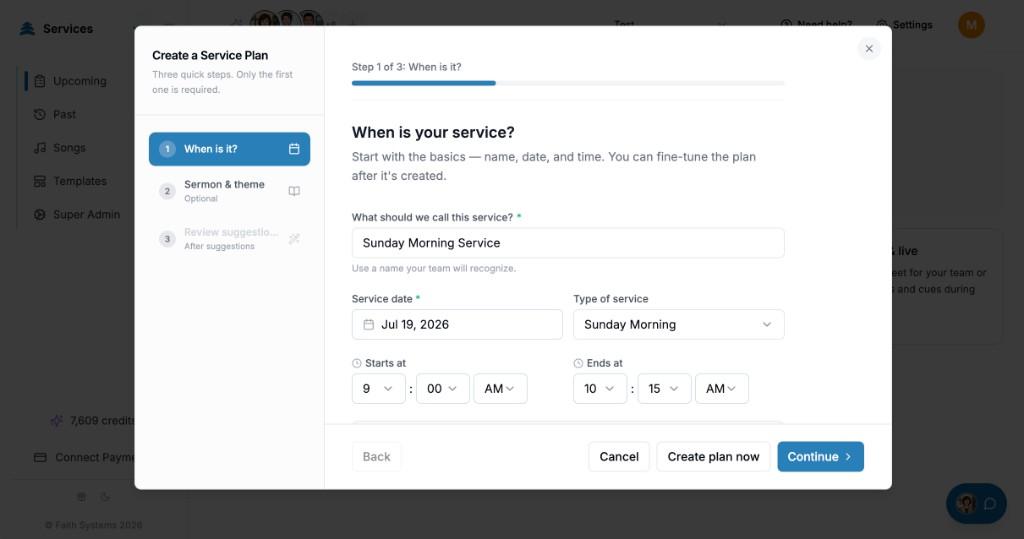 ChurchRaise create a service plan wizard for Sunday morning service planning