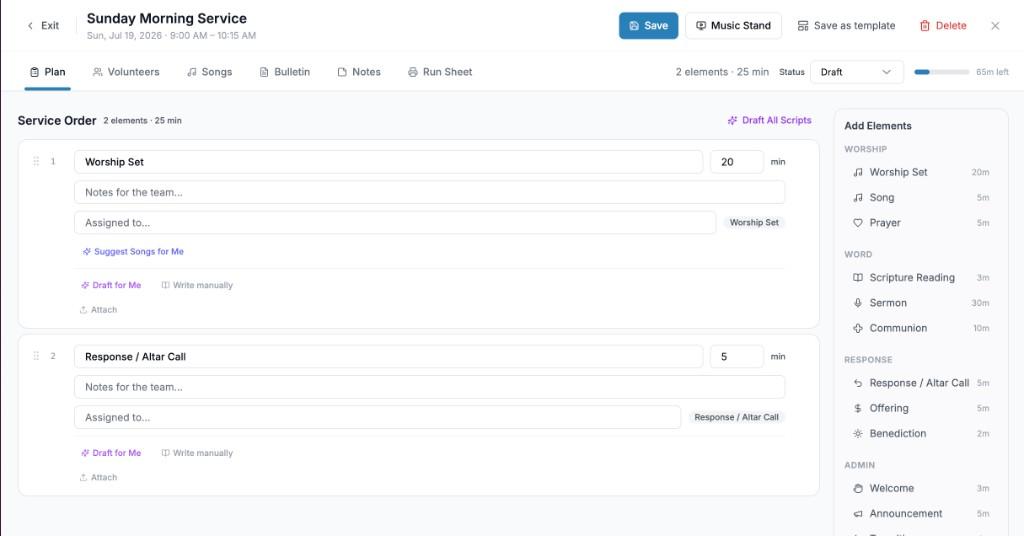 ChurchRaise service plan editor showing order of worship and add elements sidebar