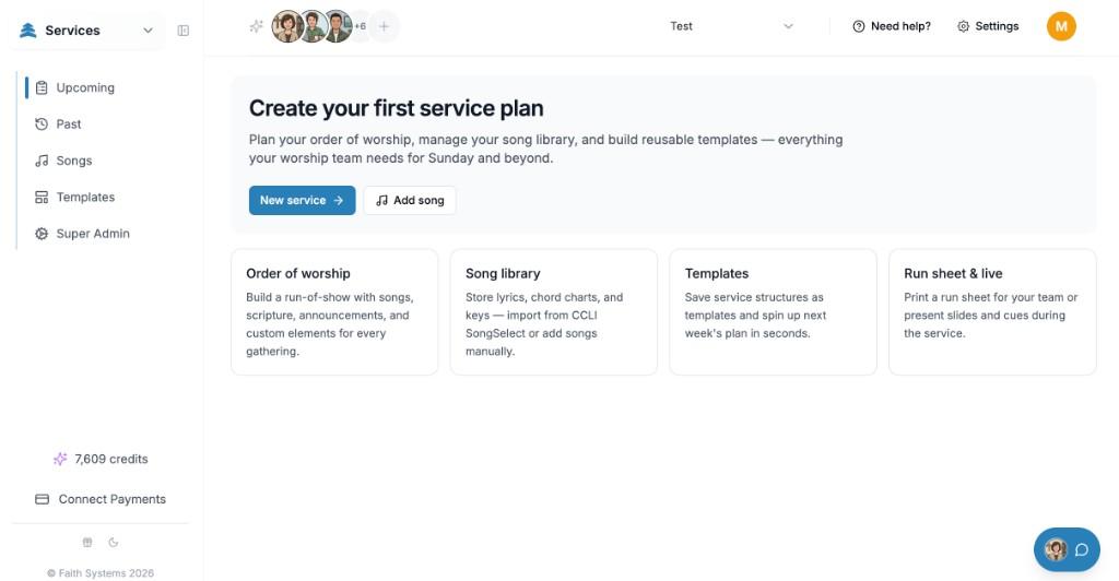ChurchRaise Services module empty state highlighting order of worship and song library