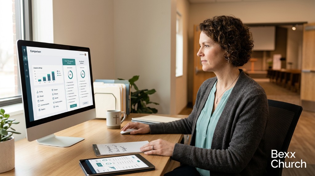 Church administrator comparing church management software platforms on a dashboard with giving, people, groups, and events features