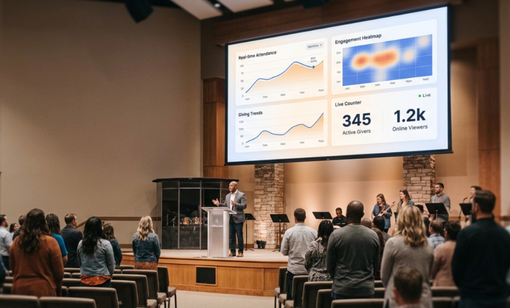 Church fundraising analytics dashboard showing real-time attendance, giving trends, engagement heatmap, and live counters on a large screen during a church service