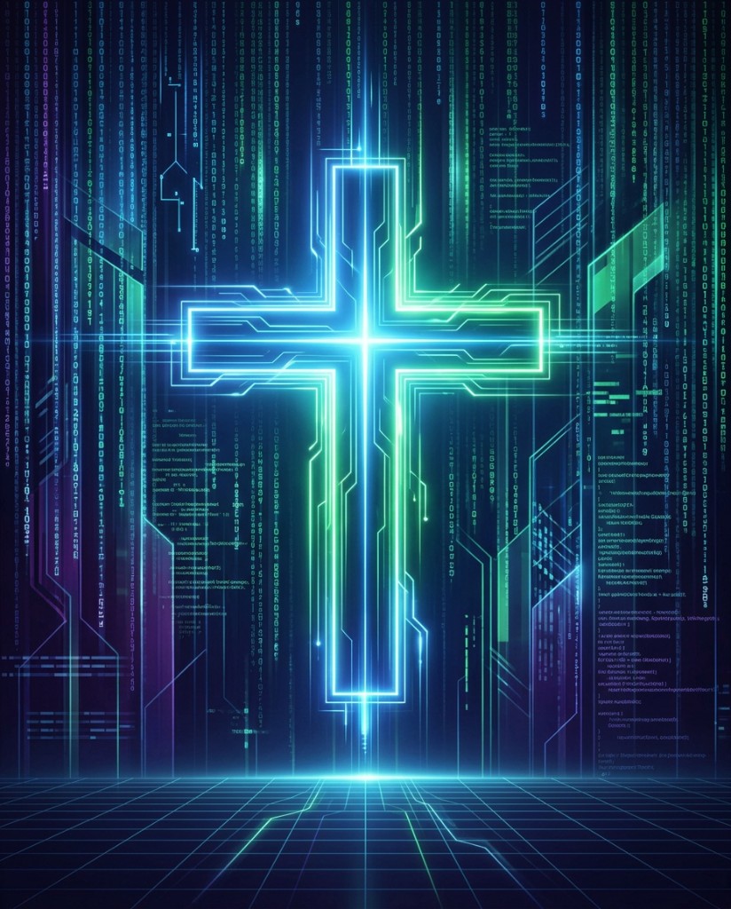 Digital cross representing the intersection of church ministry and modern technology in the church technology stack