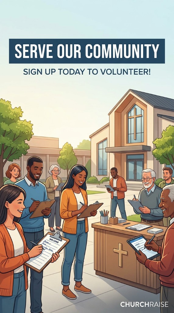 Diverse church volunteers signing up to serve their community outside a modern church building