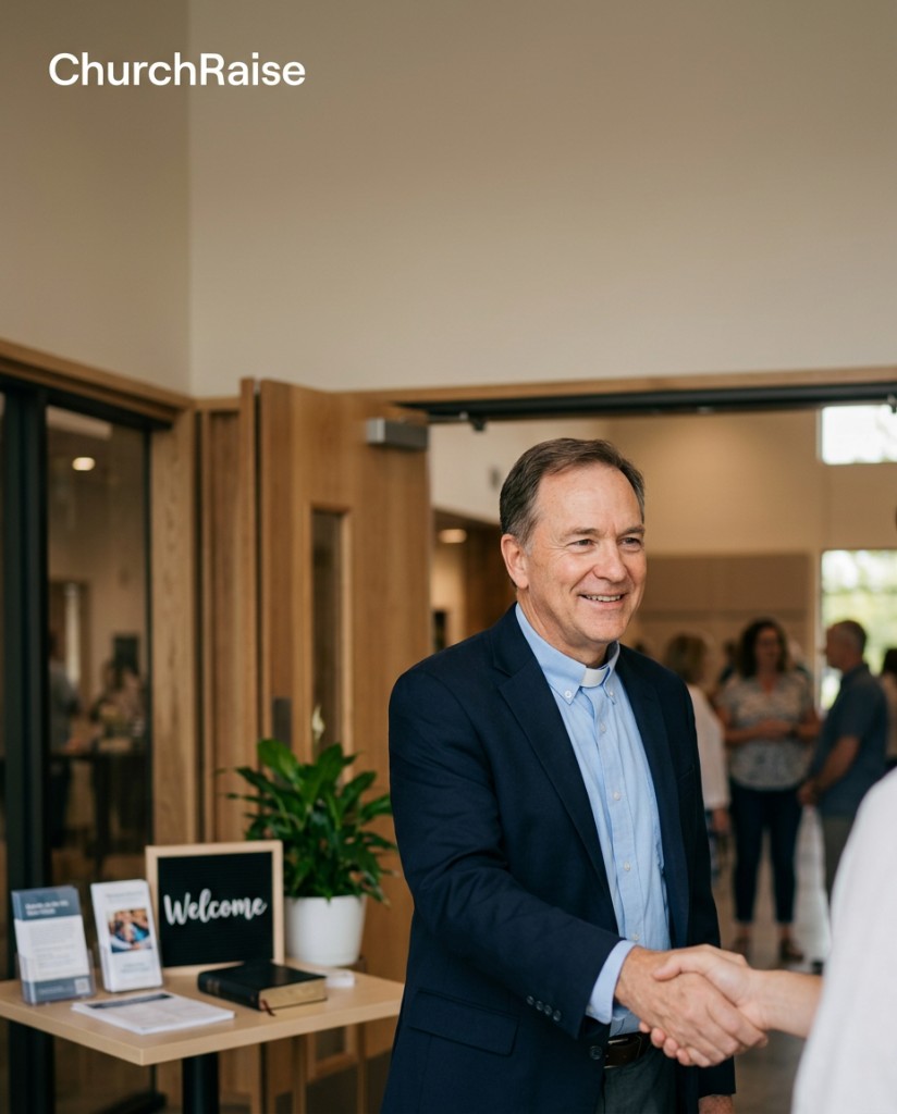 Pastor greeting a visitor with a handshake at a church welcome table