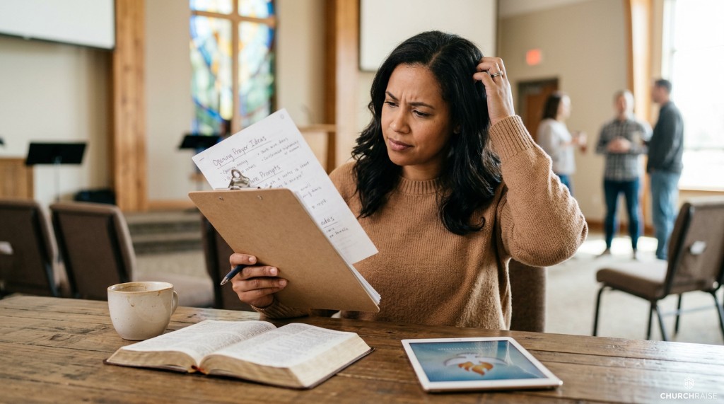 Church leader reviewing prayer notes and service planning materials with Bible and tablet at a wooden table