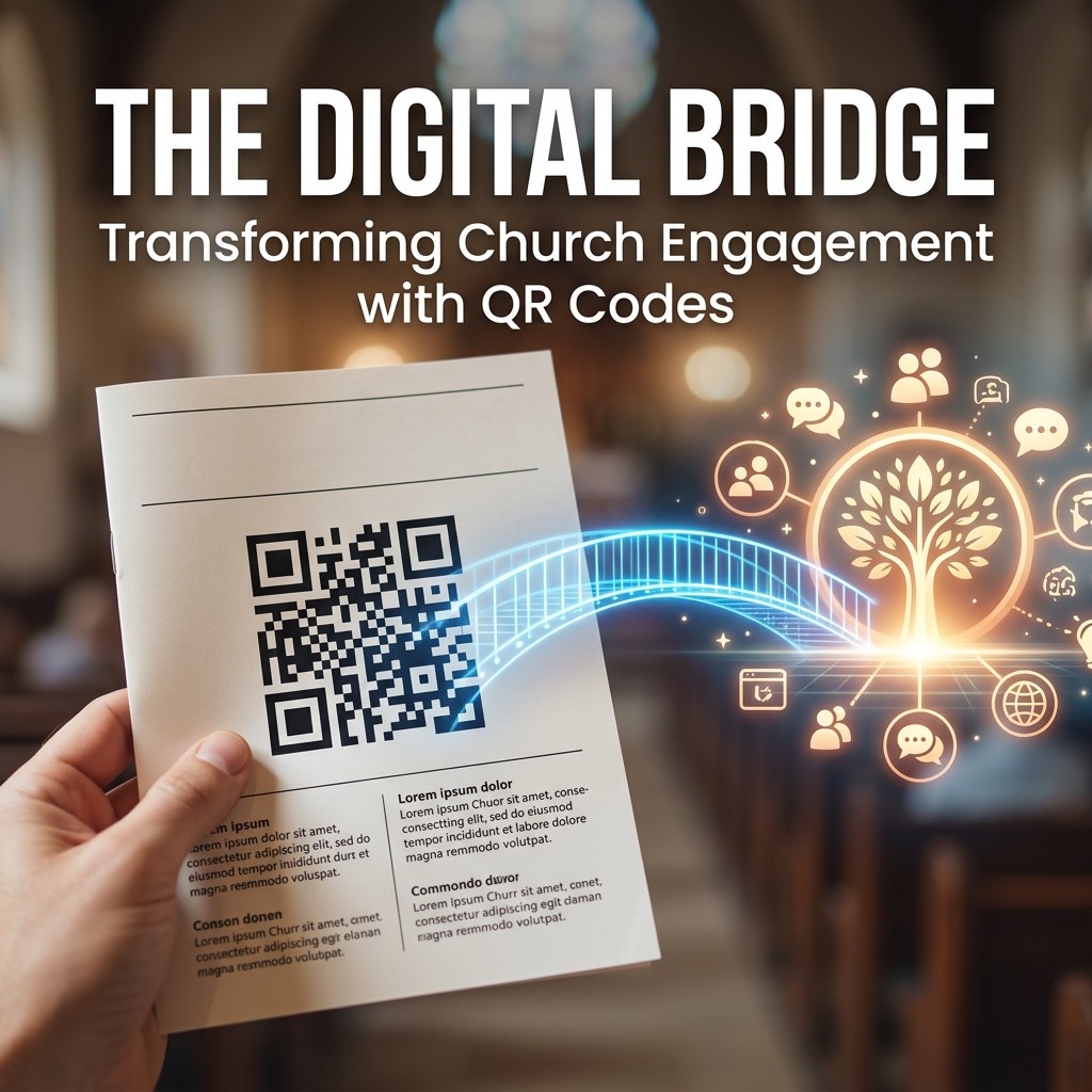 Hand holding a church bulletin with a QR code connecting to digital engagement tools and community resources