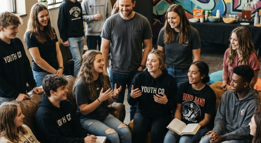 Diverse youth group sitting together with Bibles open during a devotional discussion