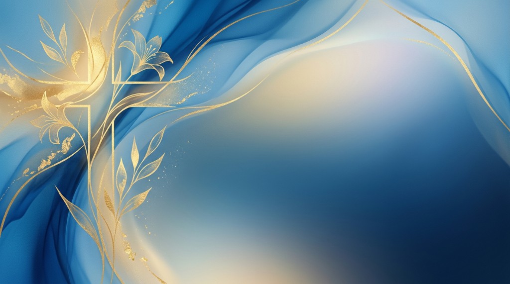 Blue and gold floral cross worship slide background with elegant botanical accents