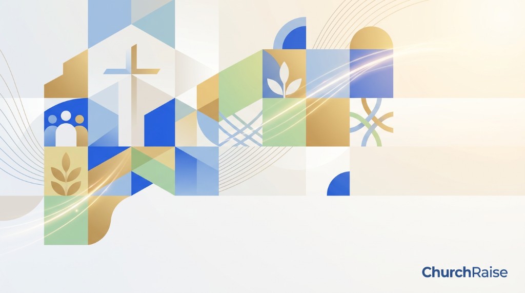 Geometric church-themed background with cross, community, and growth icons in blue and gold