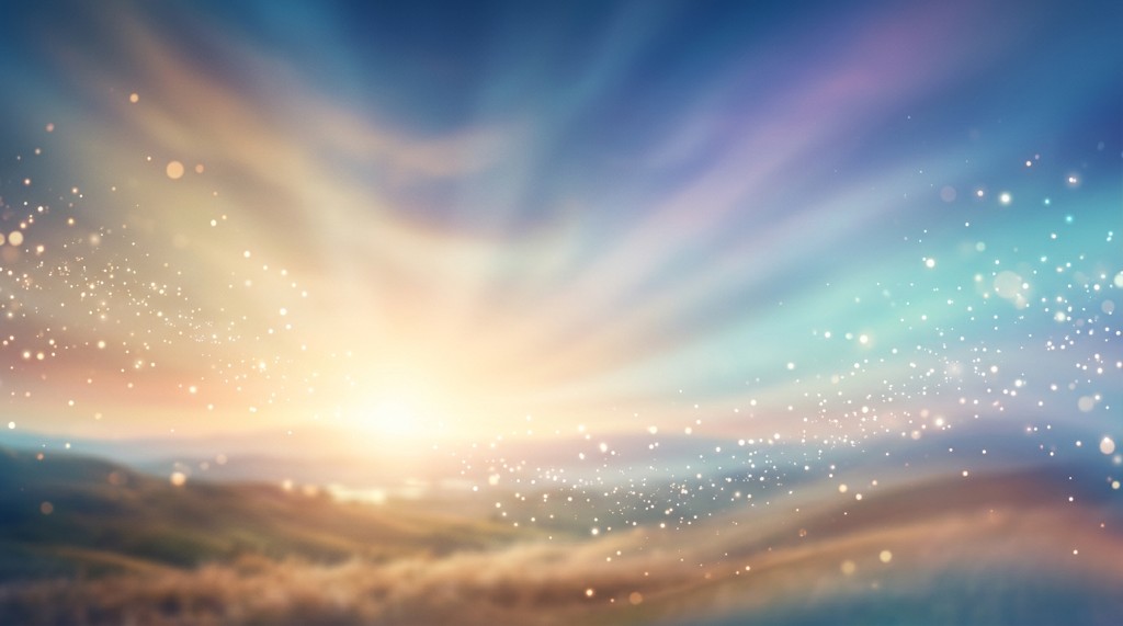 Dreamy sunrise over rolling hills with sparkle bokeh and soft pastel light rays