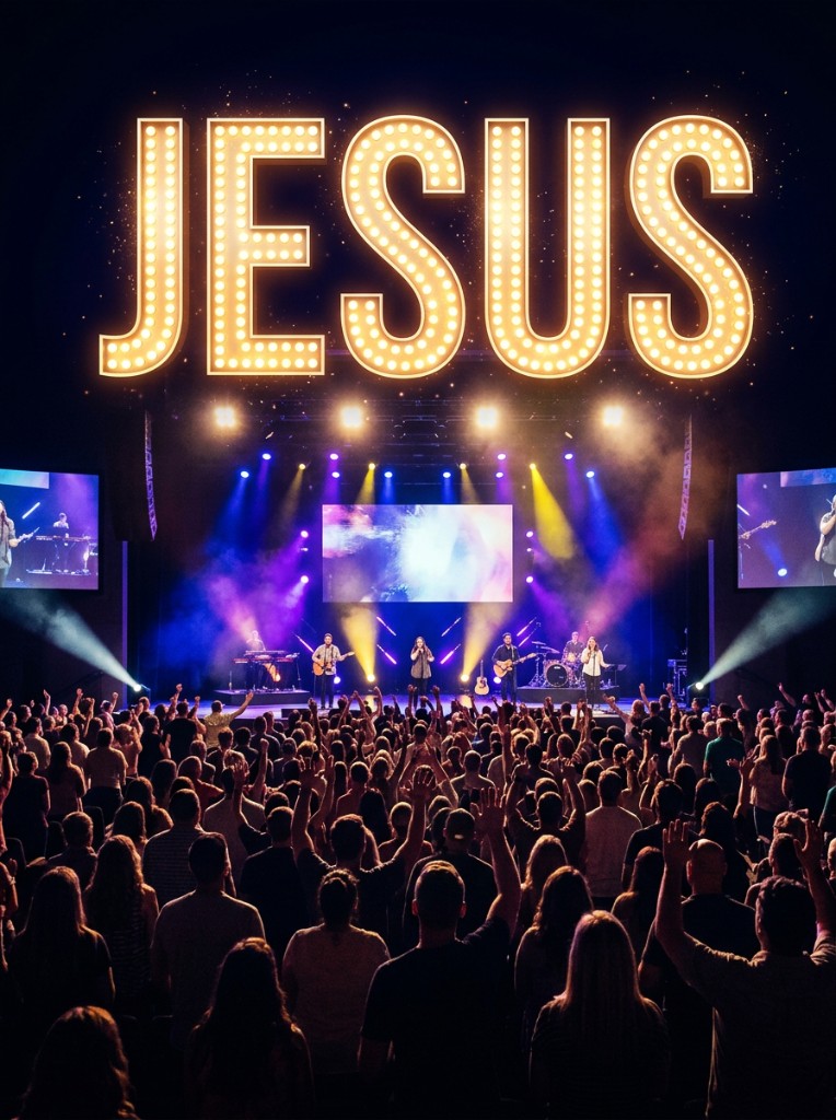 Jesus marquee sign in lights above a worship concert stage with crowd raising hands