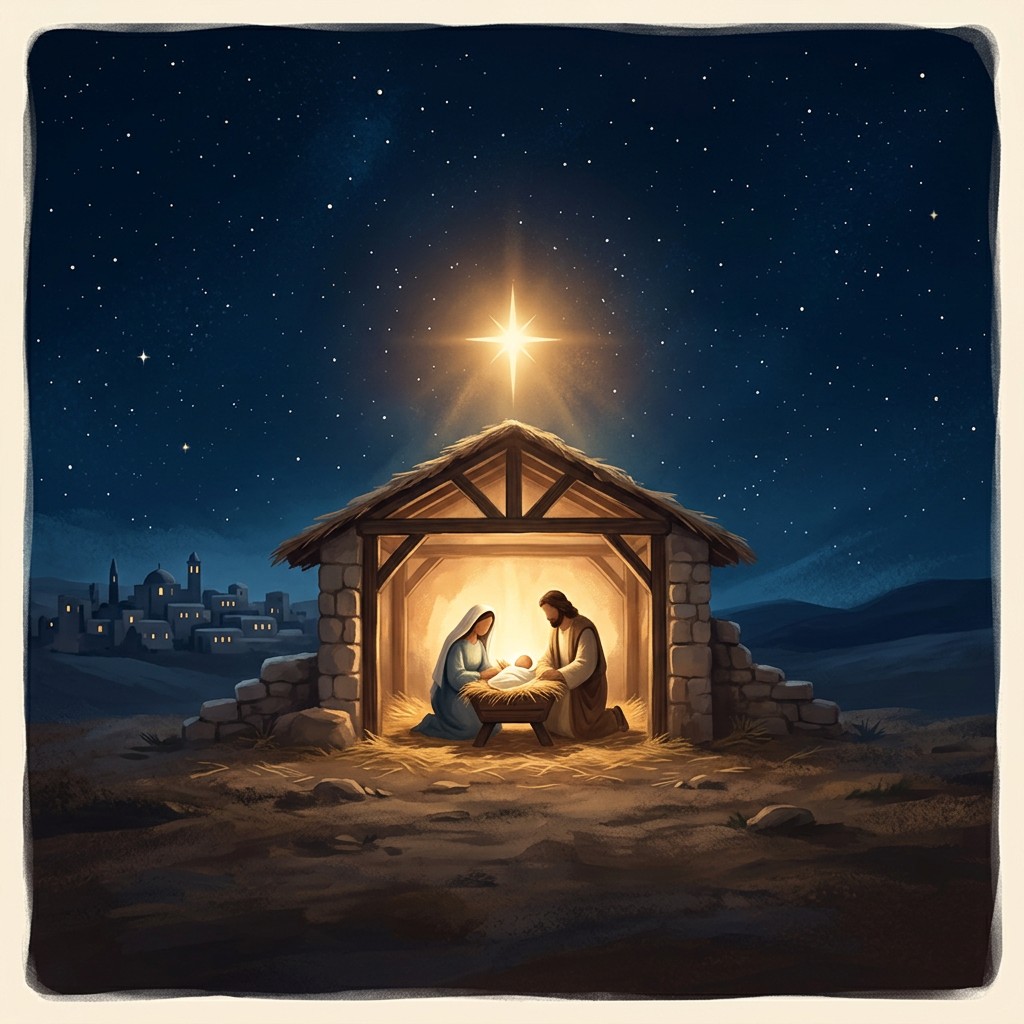Illustrated nativity scene with Mary, Joseph, and baby Jesus in a manger beneath the star of Bethlehem