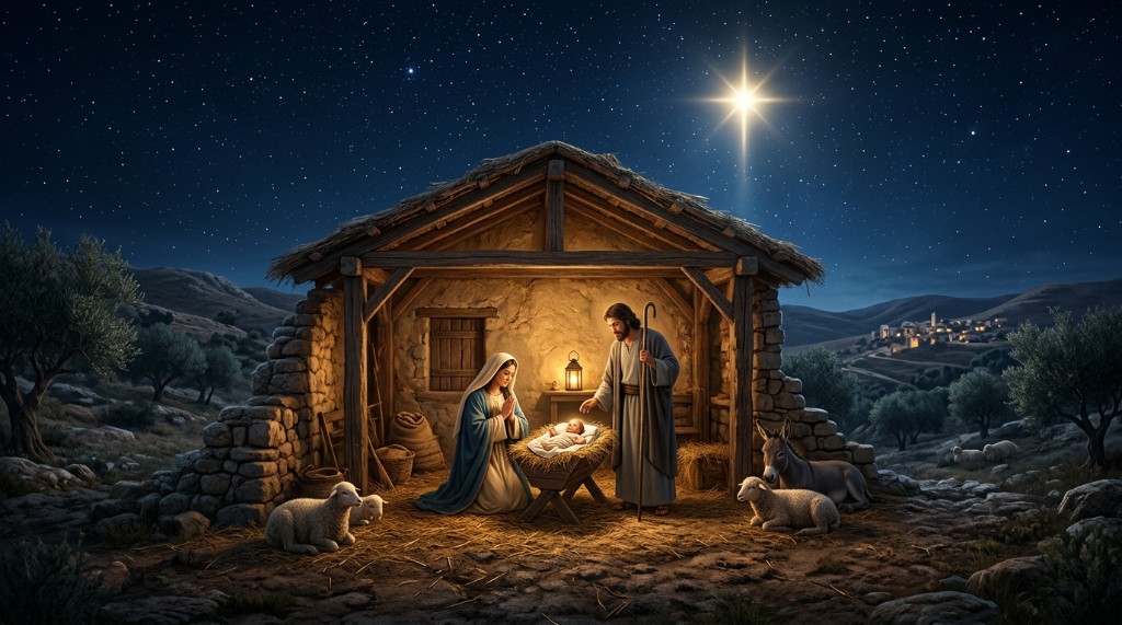 Realistic nativity scene in a stable with Mary, Joseph, baby Jesus, sheep, and donkey under starlight