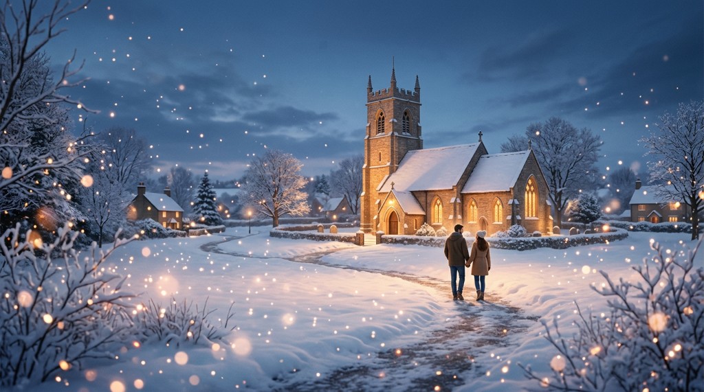 Couple walking toward snowy church on a winter evening with warm lights and snowfall