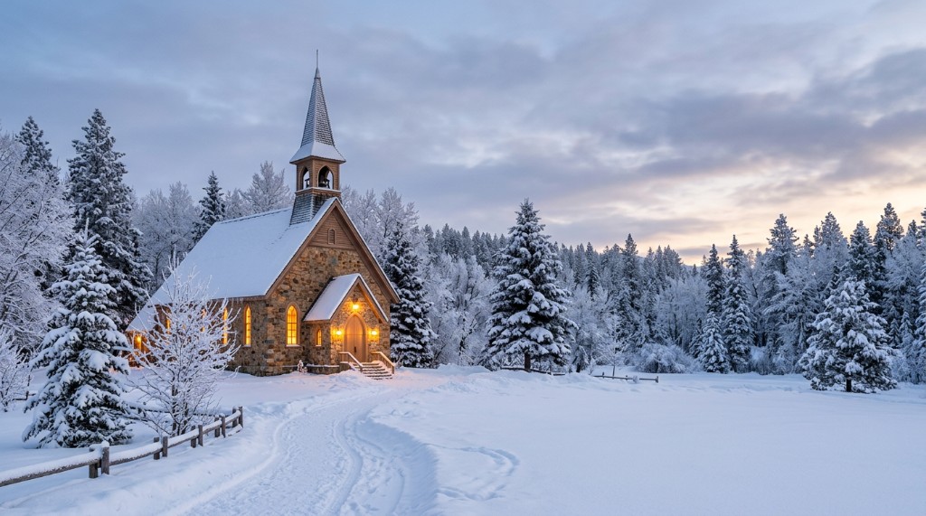 Snow-covered steeple church in a serene winter forest landscape at dusk