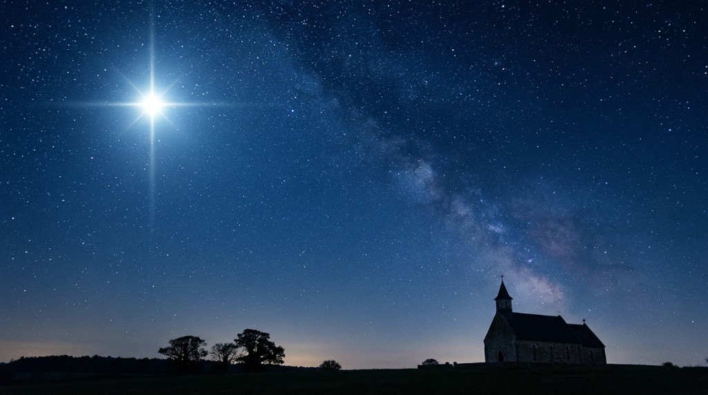 Small church silhouette under a starry night sky with milky way and bright guiding star
