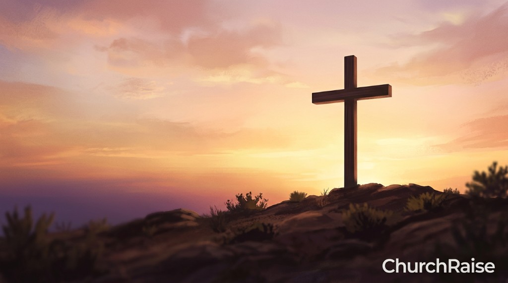 Painted sunset sky with wooden cross silhouette on a rocky hilltop — sermon background