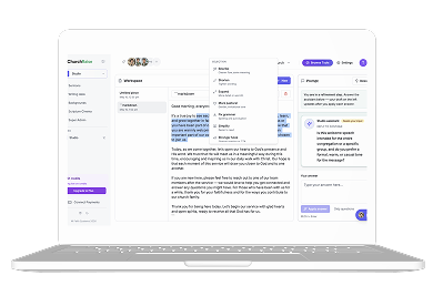 ChurchRaise workspace with writing desk editor and Studio AI assistant